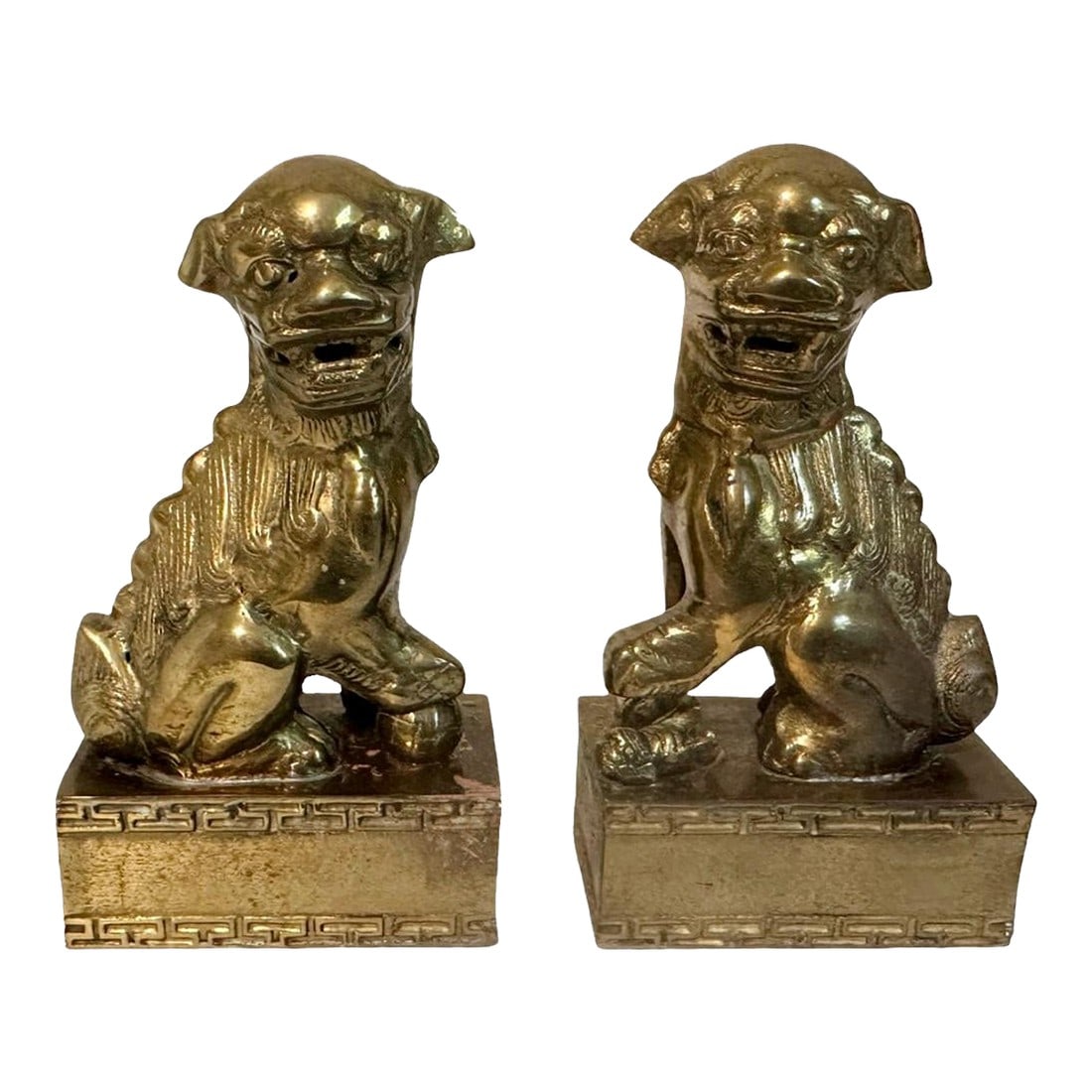 Pair of Vintage Chinese Brass Clad Temple Foo Dogs Fu Lions Figurines Bookends: Pair of Vintage Chinese Brass Clad Temple Foo Dogs Fu Lions Figurines Bookends This is a set of two vintage mid century Chinese brass clad (brass over copper) figurines or bookends. They are called Fo
