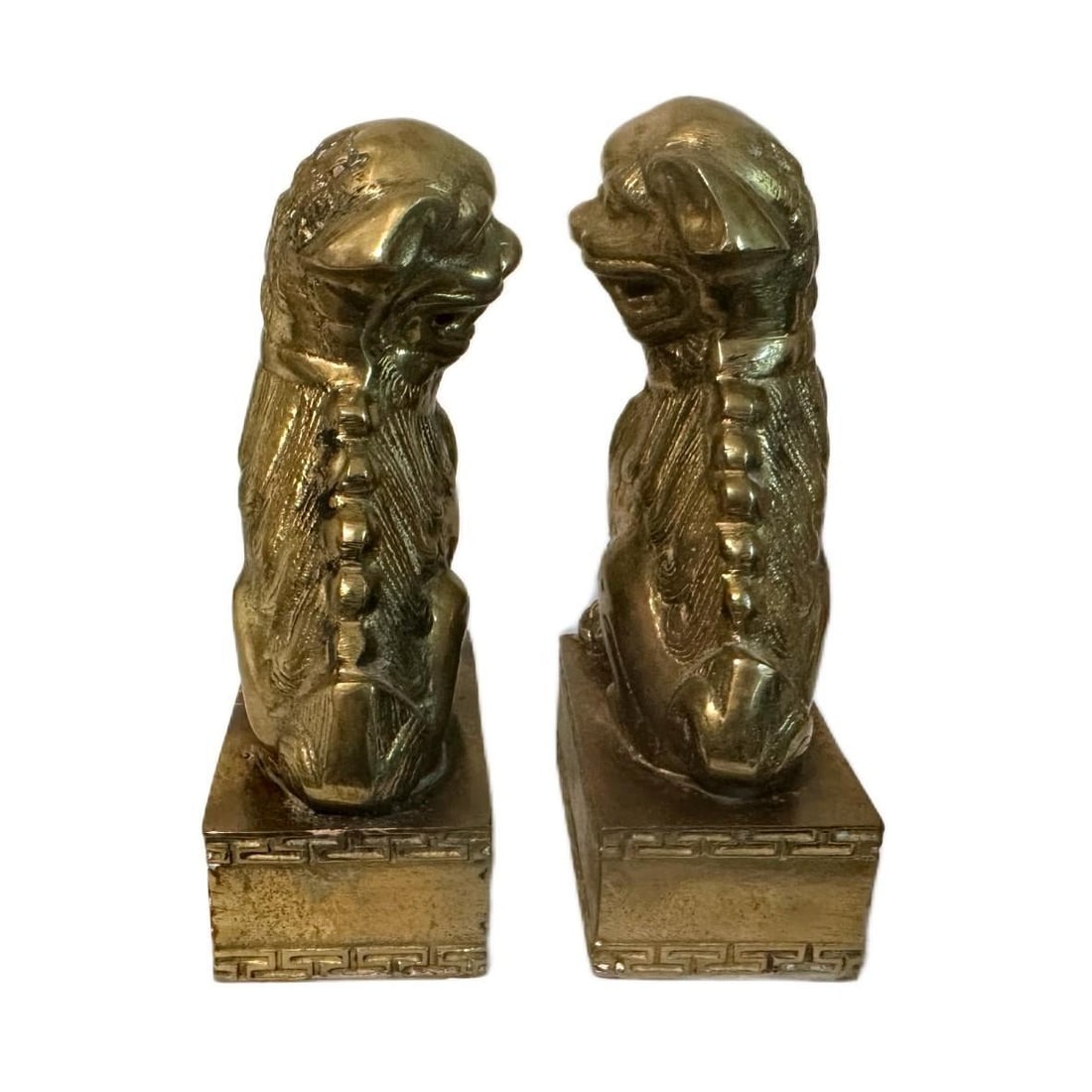 Pair of Vintage Chinese Brass Clad Temple Foo Dogs Fu Lions Figurines Bookends - 3