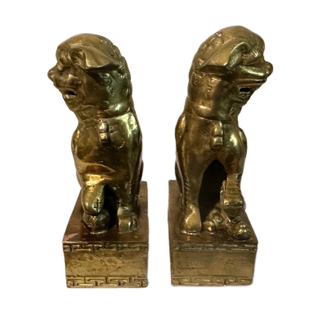 Pair of Vintage Chinese Brass Clad Temple Foo Dogs Fu Lions Figurines Bookends - 4