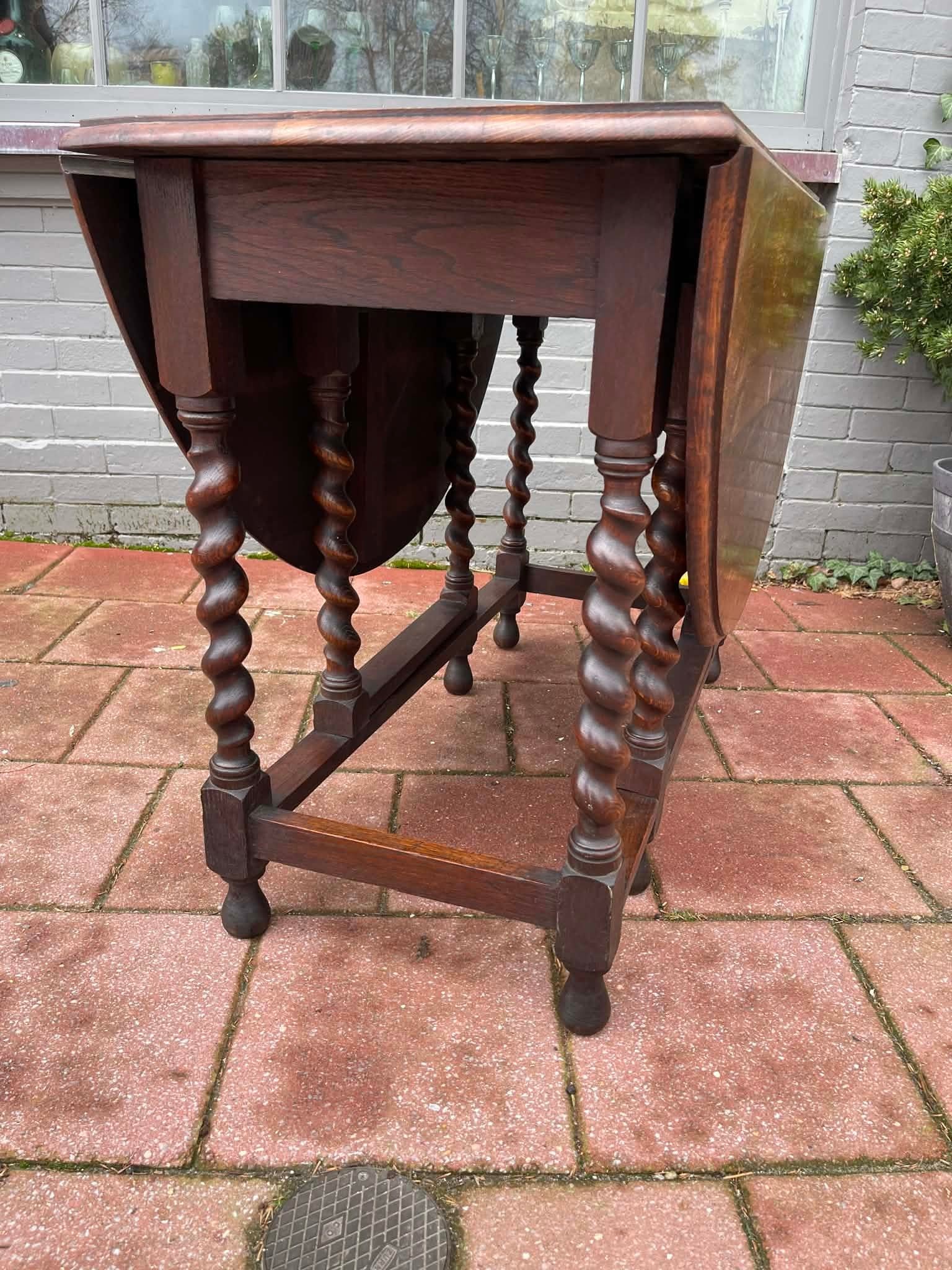 Antique English Table Drop Leaf Gateleg Barley Twist Oak Oval C. 1920-30s - 10