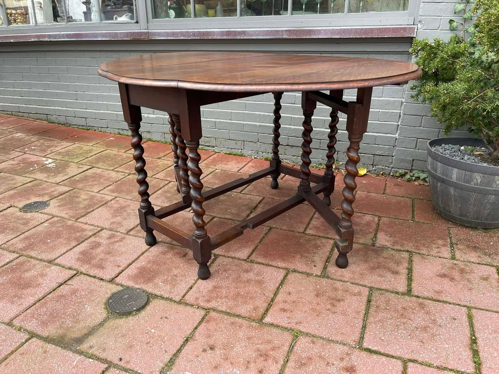 Antique English Table Drop Leaf Gateleg Barley Twist Oak Oval C. 1920-30s - 5