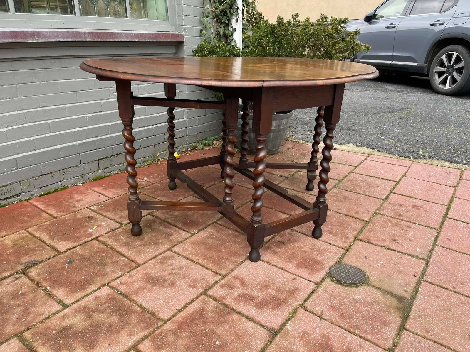 Antique English Table Drop Leaf Gateleg Barley Twist Oak Oval C. 1920-30s - 8