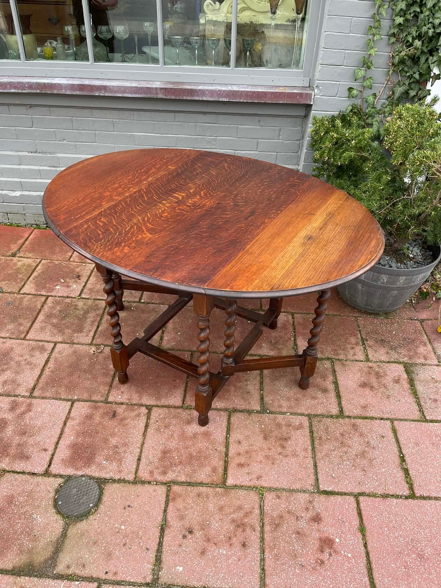 Antique English Table Drop Leaf Gateleg Barley Twist Oak Oval C. 1920-30s - 4