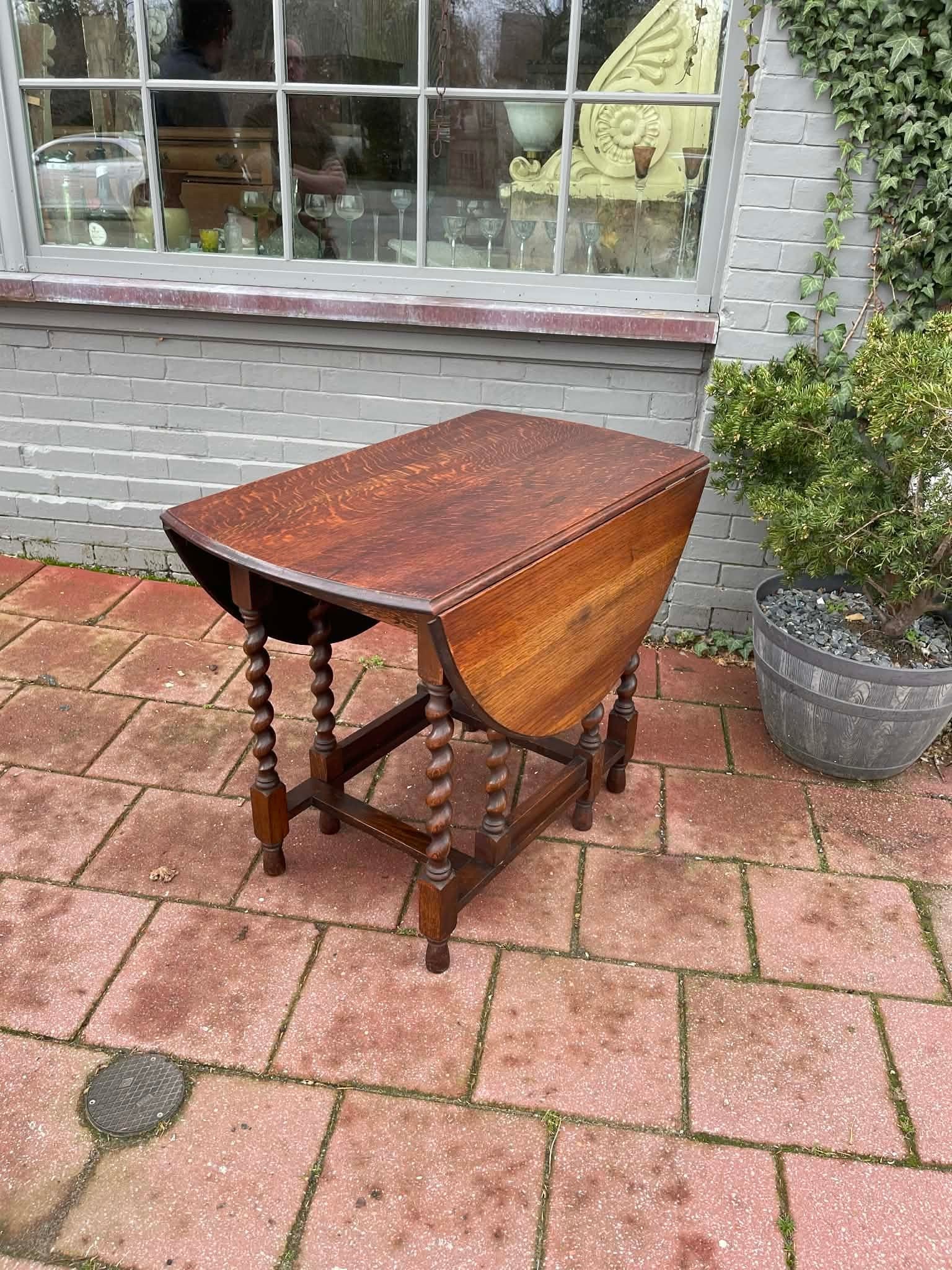 Antique English Table Drop Leaf Gateleg Barley Twist Oak Oval C. 1920-30s - 5