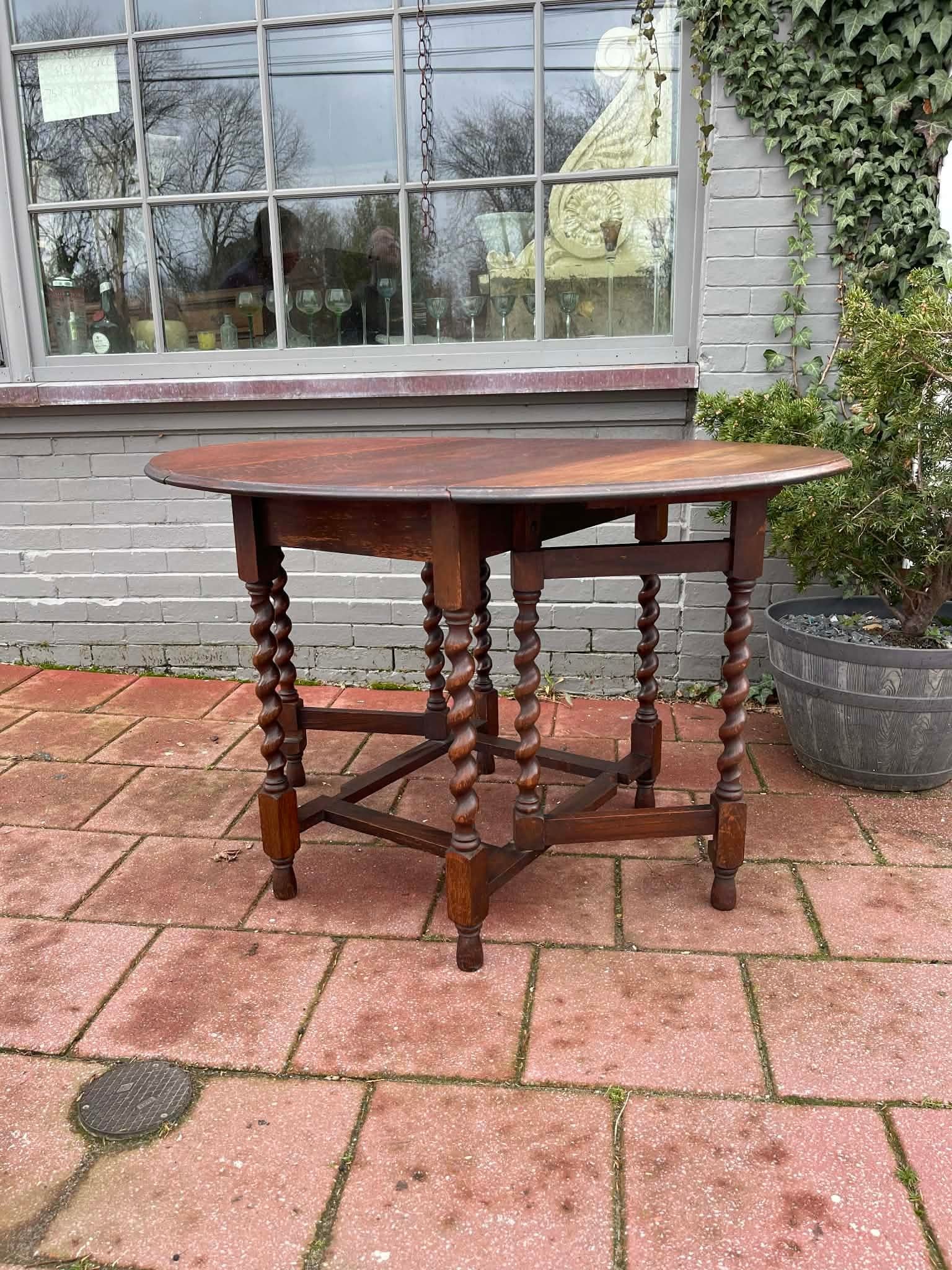 Antique English Table Drop Leaf Gateleg Barley Twist Oak Oval C. 1920-30s - 6