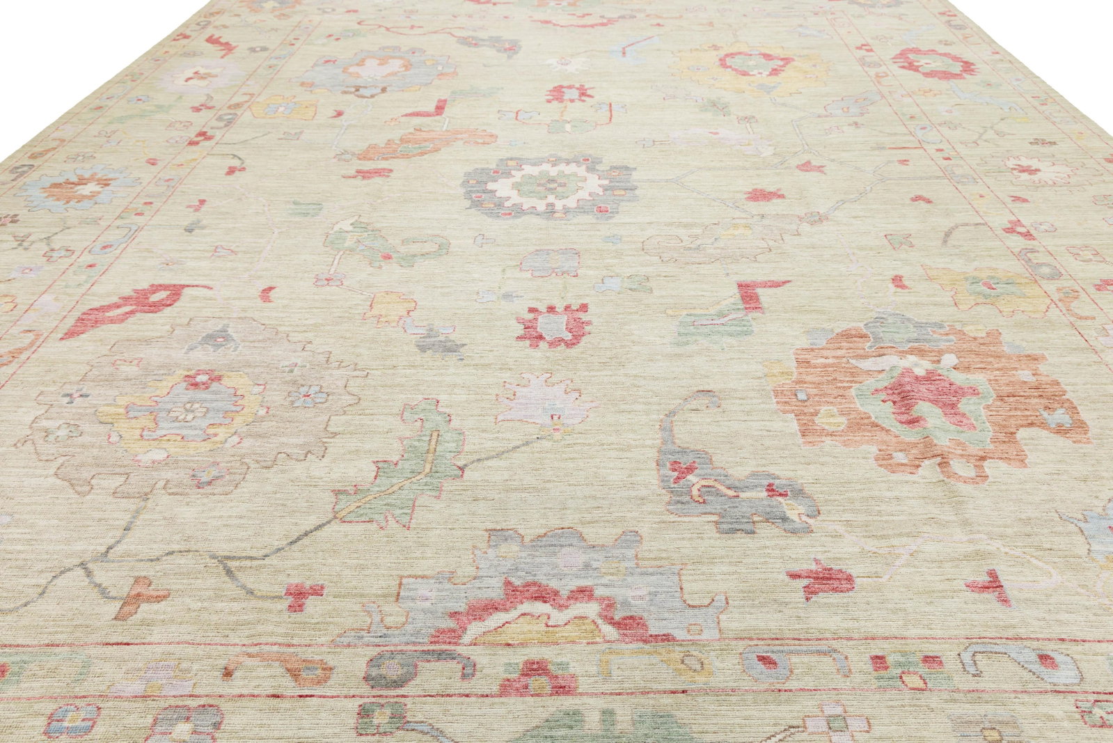 Hand-Knotted Modern Oushak Style Wool Rug – Muted Pastel Floral Transitional - 10