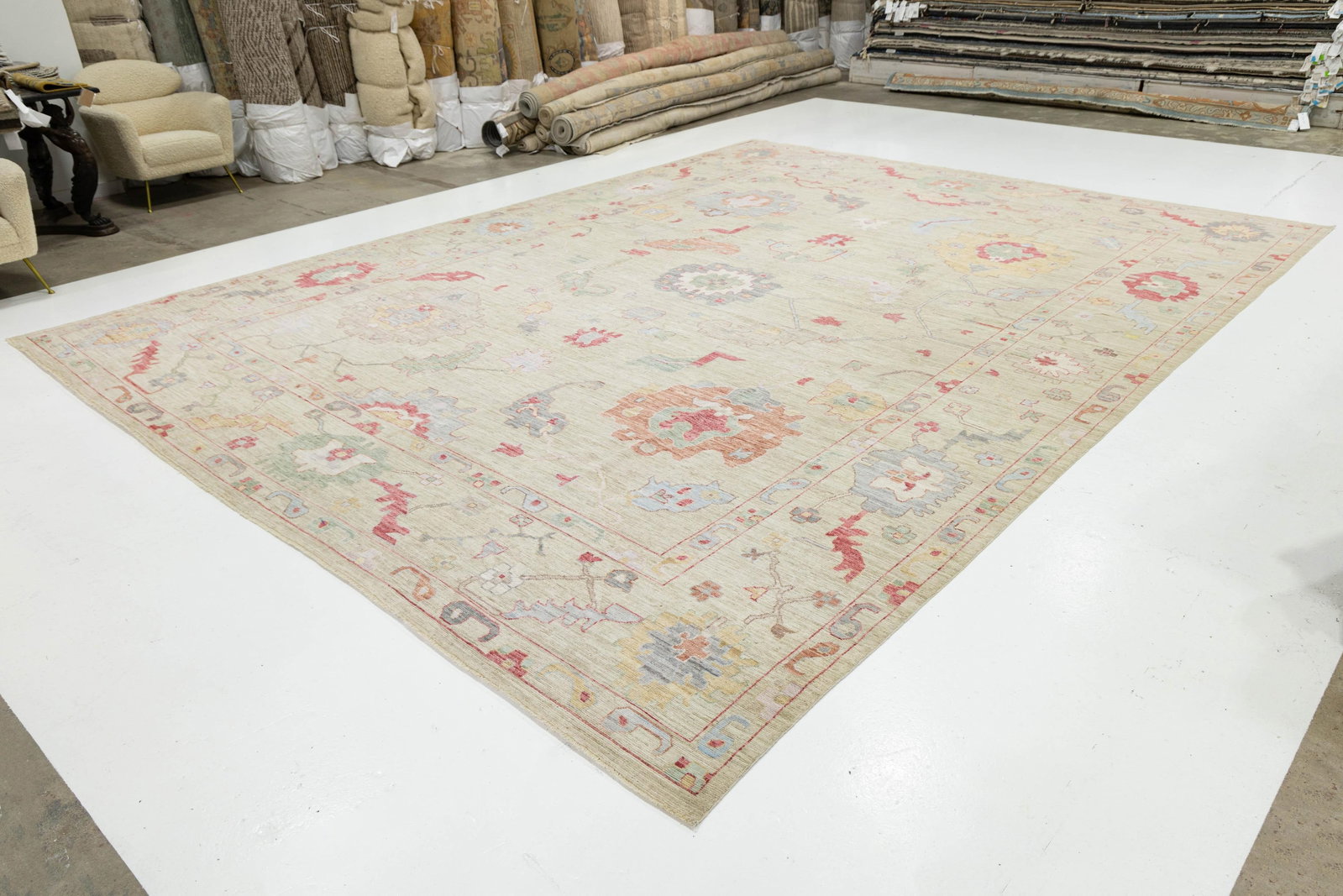 Hand-Knotted Modern Oushak Style Wool Rug – Muted Pastel Floral Transitional - 11