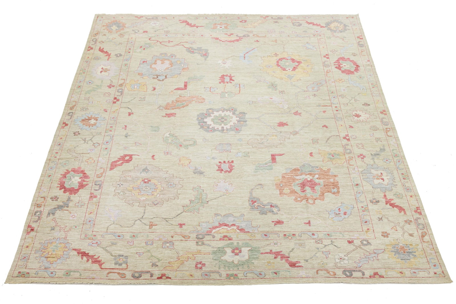 Hand-Knotted Modern Oushak Style Wool Rug – Muted Pastel Floral Transitional - 3
