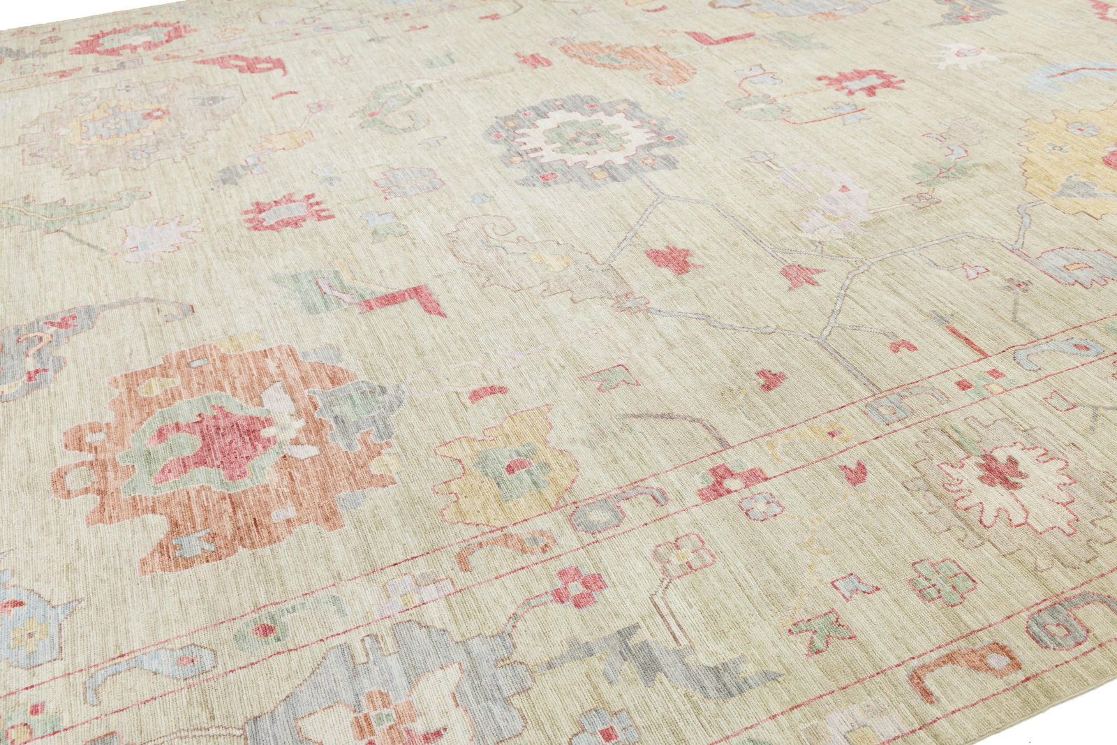 Hand-Knotted Modern Oushak Style Wool Rug – Muted Pastel Floral Transitional - 6