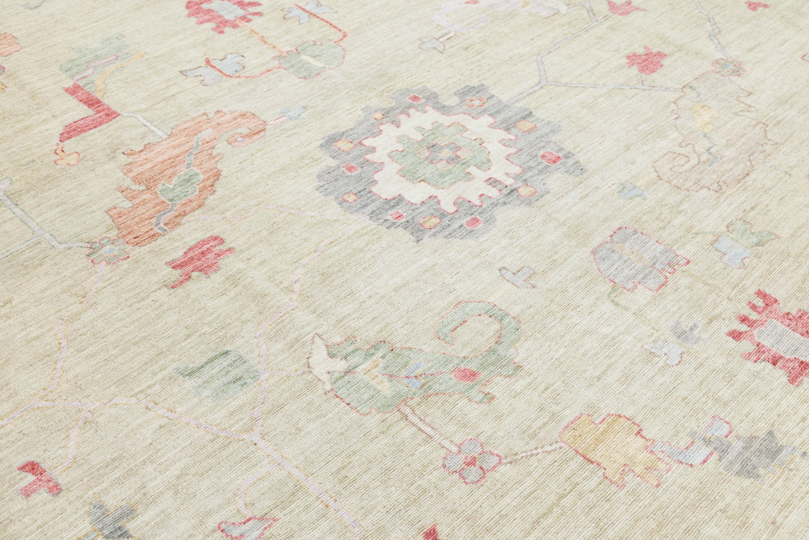 Hand-Knotted Modern Oushak Style Wool Rug – Muted Pastel Floral Transitional - 7