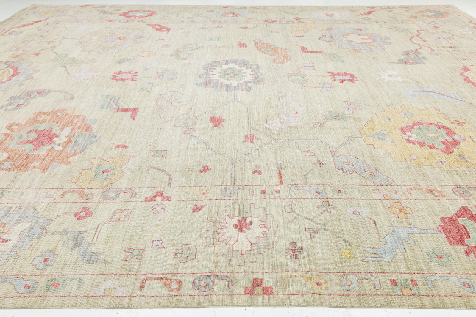 Hand-Knotted Modern Oushak Style Wool Rug – Muted Pastel Floral Transitional - 8