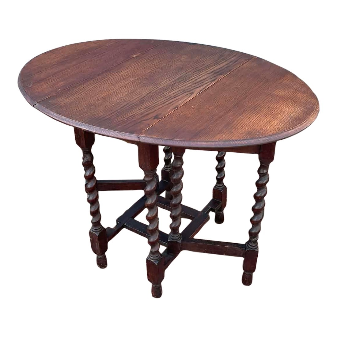 Antique English Table Drop Leaf Gateleg Barley Twist Oak Oval C. 1920-30s (1 of 8)