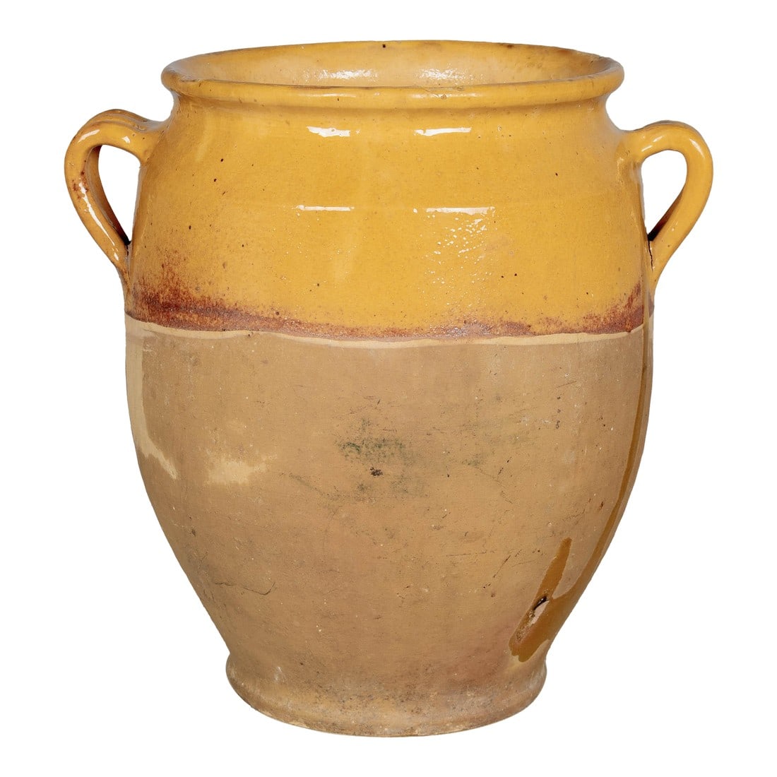 French Terracotta Vase or Pot Ã€ Confit 12"h: An earthenware confit pot from the Southwest of France with traditional yellow glaze and a drip of green on one side. Minor losses to glaze. These ordinary earthenware vessels were once used daily in 