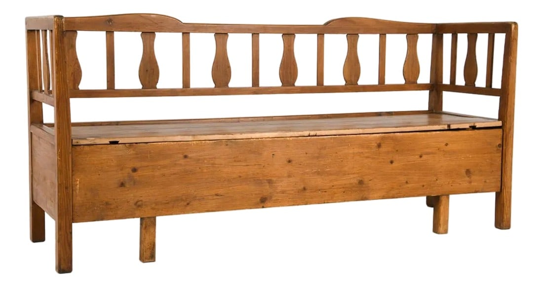 19th Century Swedish Hand-Carved Pine Settle Bench With Storage: A 19th-century Swedish settle bench crafted from warm, solid pine, combining rustic simplicity with timeless Scandinavian charm. Featuring a high back with elegantly turned spindles, gently curved