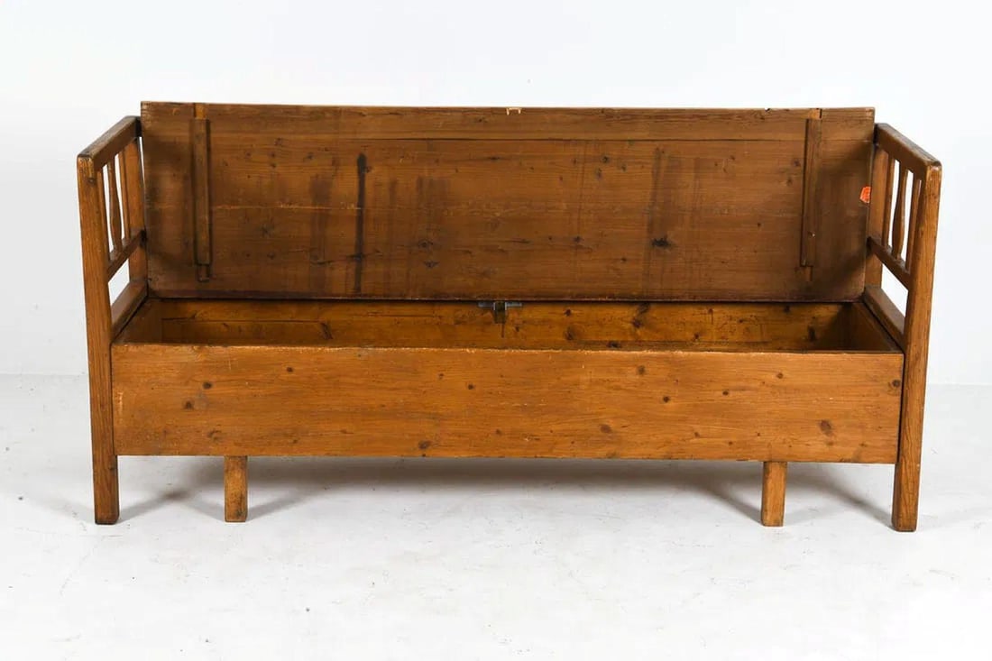19th Century Swedish Hand-Carved Pine Settle Bench With Storage - 2