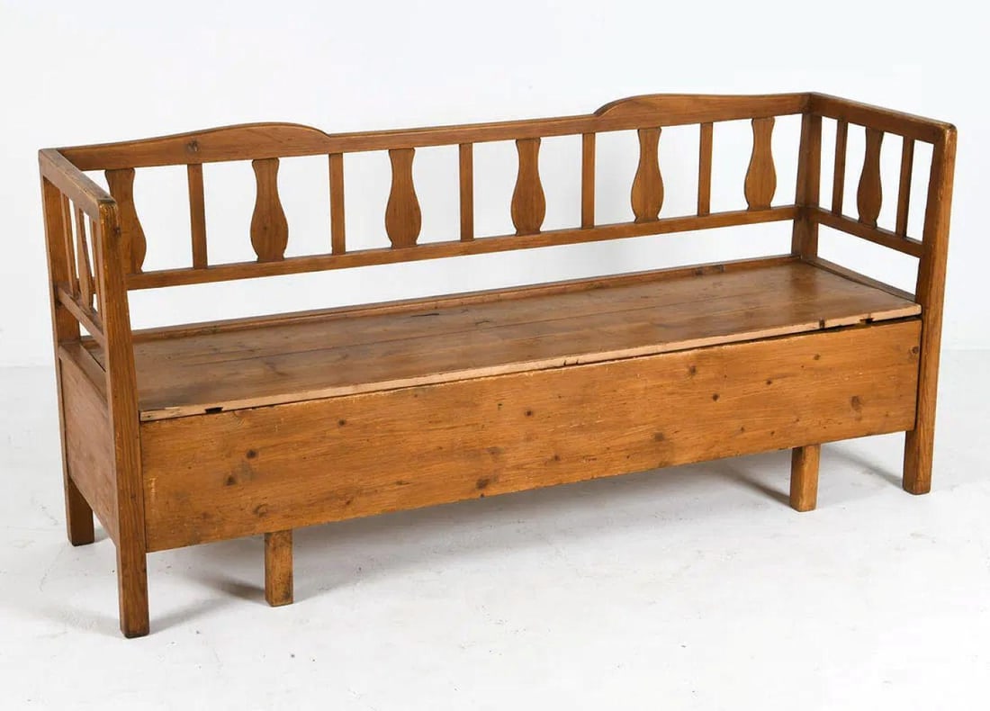 19th Century Swedish Hand-Carved Pine Settle Bench With Storage - 3