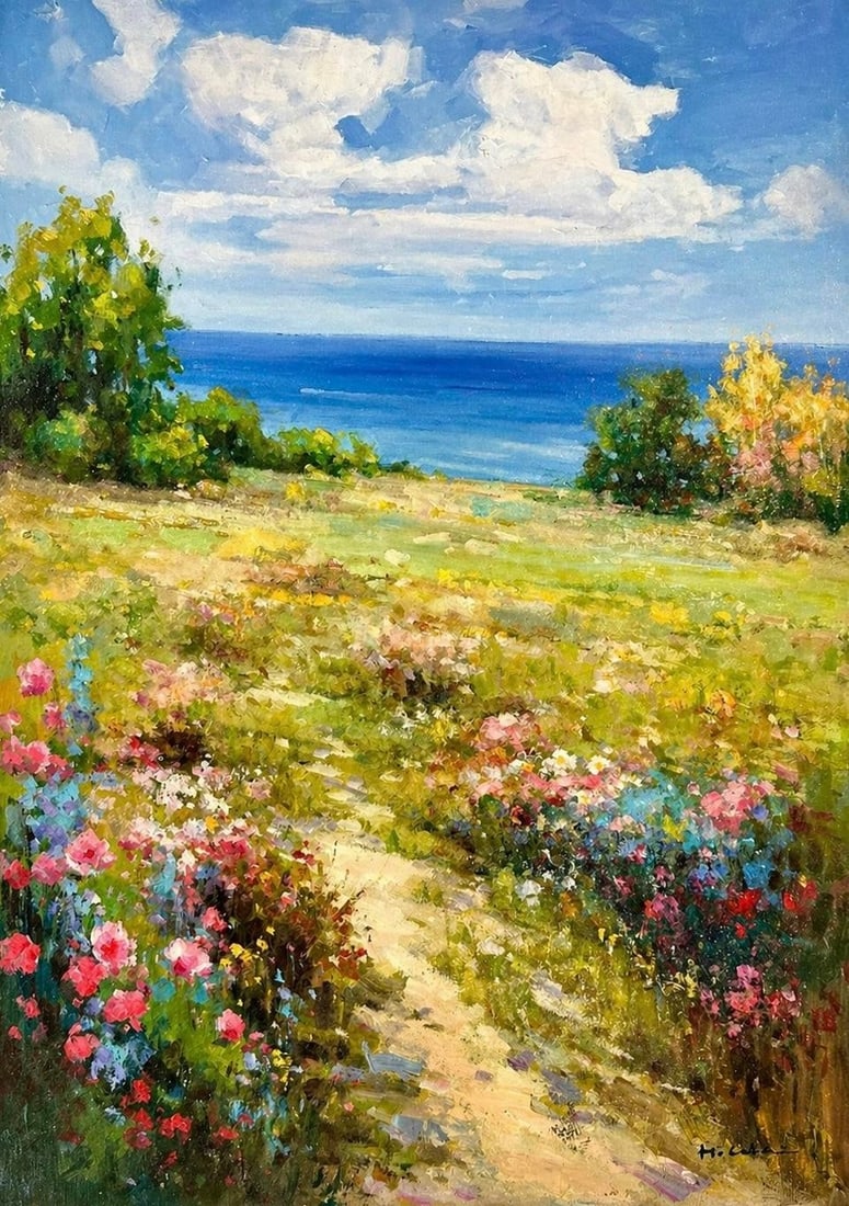 Coastal Landscape With Wildflowers Leading to the Sea "” Oil on Unstretched Canvas by H. Cole: Original oil on canvas impressionist-style landscape by H. Cole captures a sunlit meadow path leading gently toward the sea "” a peaceful view that instantly softens any space. This original pai