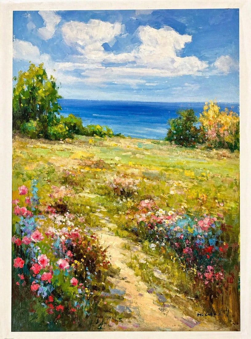 Coastal Landscape With Wildflowers Leading to the Sea "” Oil on Unstretched Canvas by H. Cole - 2