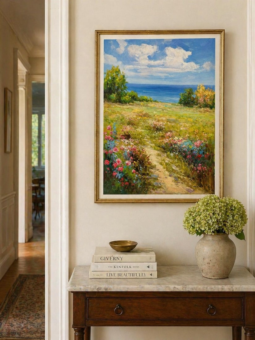 Coastal Landscape With Wildflowers Leading to the Sea "” Oil on Unstretched Canvas by H. Cole - 3