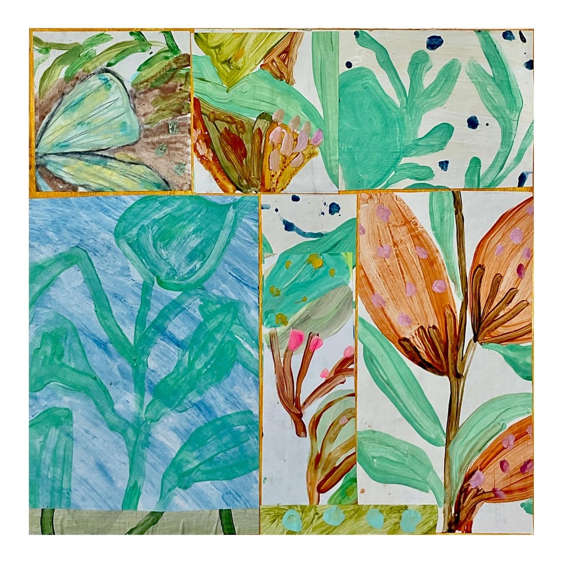 In the Garden by Hunter Hogan: This is a painting and a collage, made from my hand painted paper and based on drawings from my garden. Condition: Imperfections: No Imperfections Dimensions: Height: 18 in. Width: 18 in. Depth: 1.5