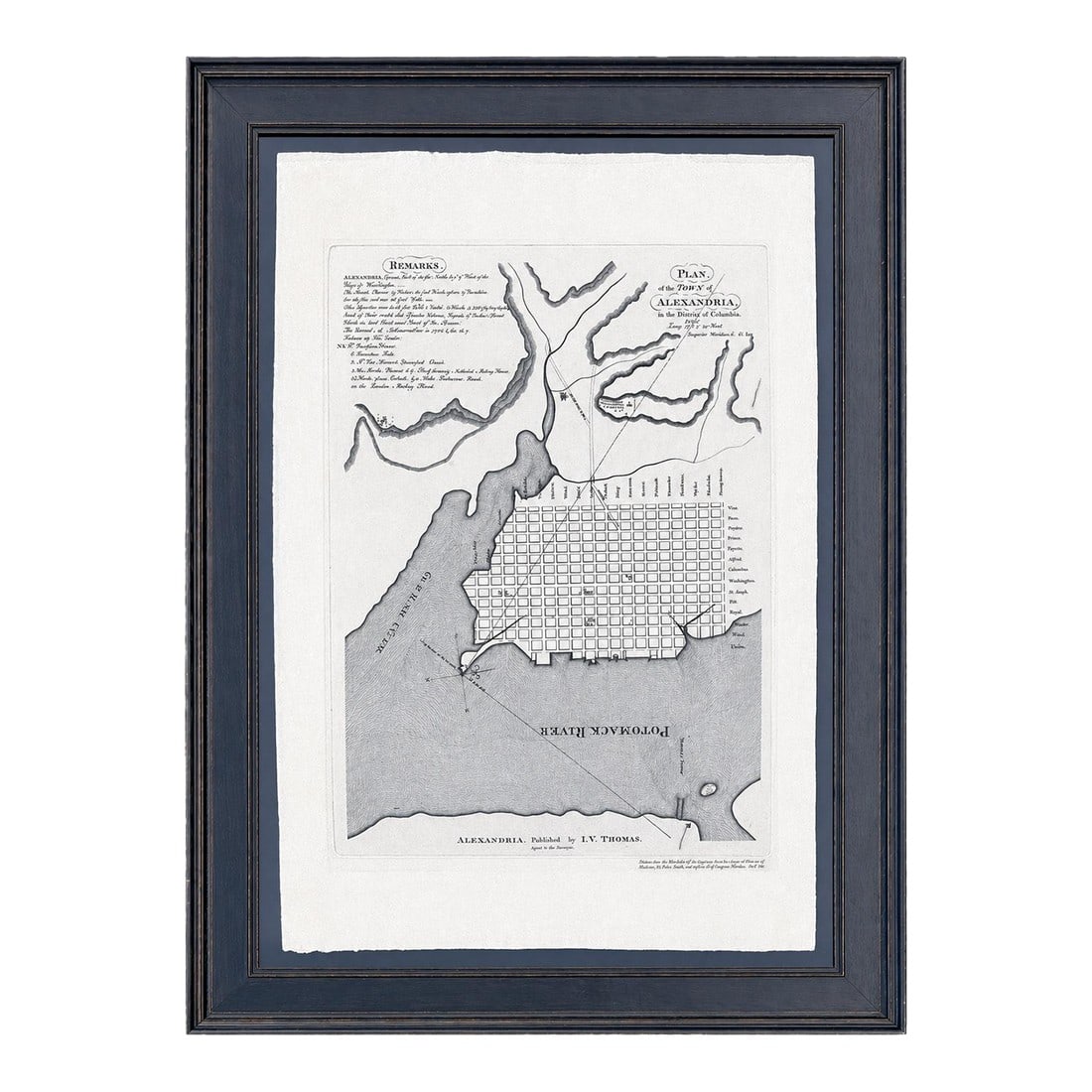 1940s Alexandria, Virginia Town Plan & Potomac River, Framed: Plan of the town of Alexandria, Virginia, 1944. A rare restrike of George Gilpin's important and phenomenally scarce 1798 plan of Alexandria, Virginia. Published by I.V. Thomas. Gilpin's plan depicts