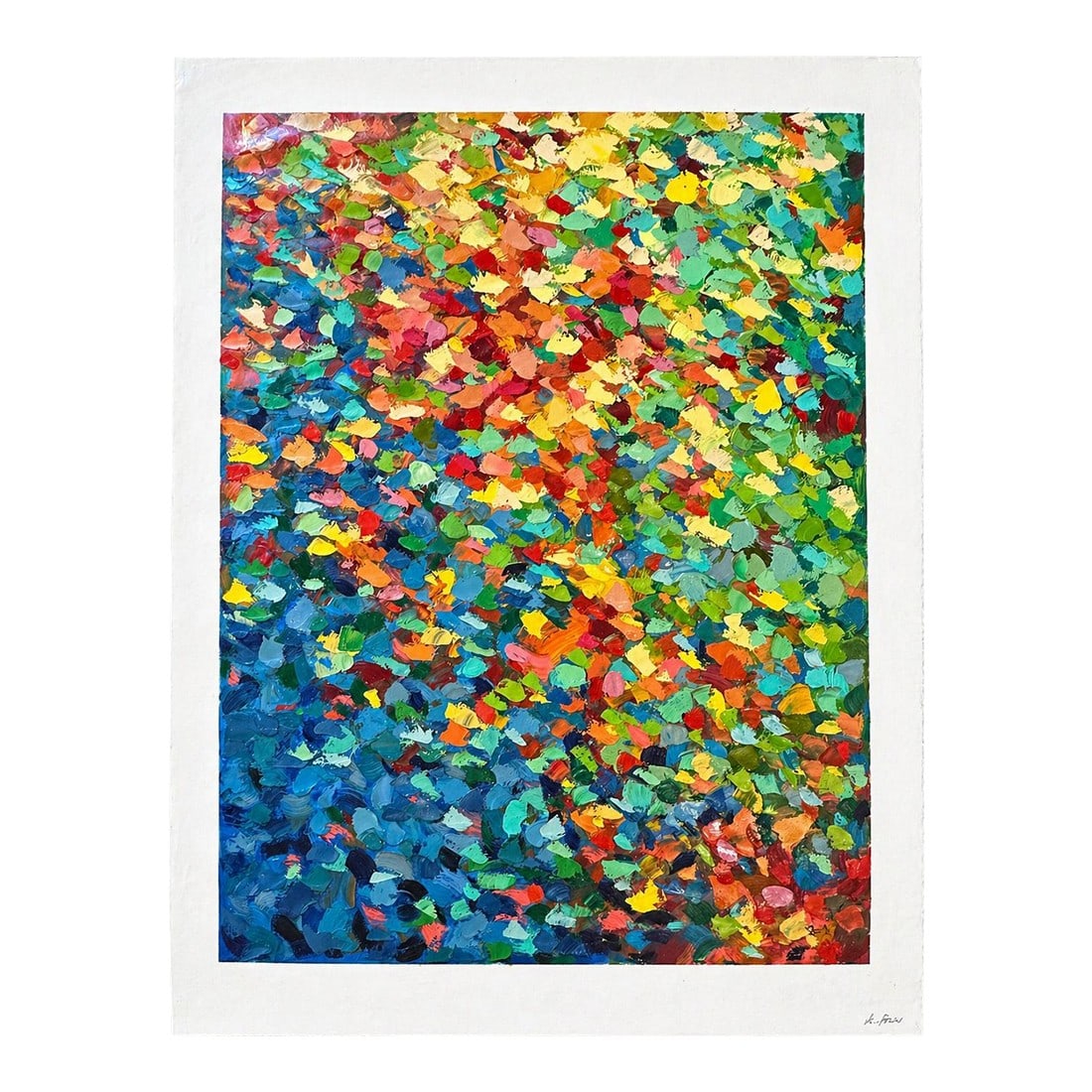 Abstract Painting on Canvas – Textured Palette Style – Unstretched 36 X 48 Large Modern: A lively and expressive original oil on canvas abstract painting featuring dense, textured palette-knife strokes in a rich spectrum of blues, greens, yellows, oranges, and reds. The composition flows