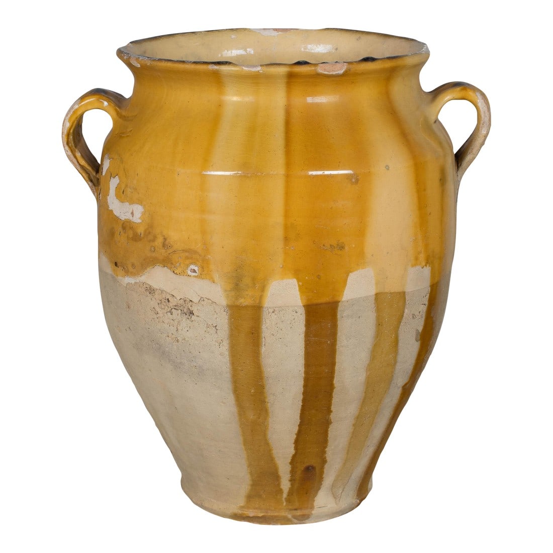 French Terracotta Vase or Pot Ã€ Confit 12"h: An earthenware confit pot from the Southwest of France with traditional yellow ochre drip glaze. Some losses to glaze. These ordinary earthenware vessels were once used daily in the French country