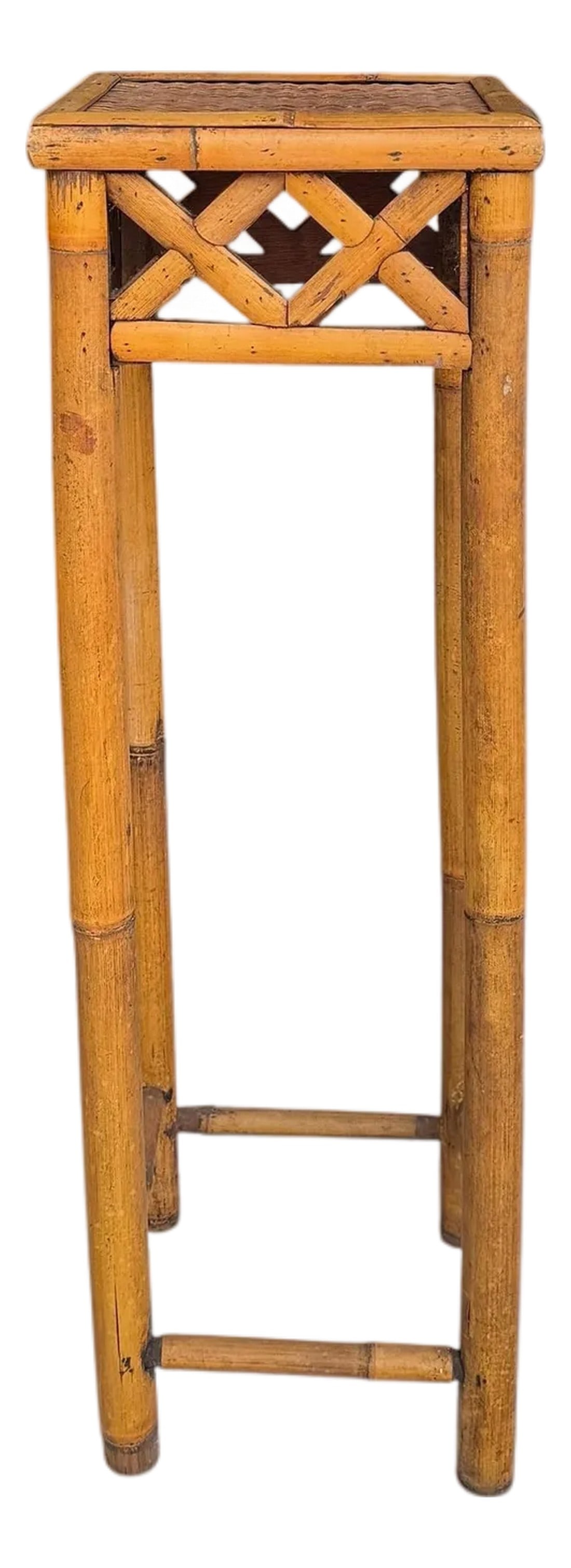 Vintage Bamboo With Woven Rattan Top Plant Stand, Side, Drink Table: Vintage bamboo and woven rattan plant stand, drink, side table. Features an X pattern on all sides. Measures 9.5" square x 32" h, woven area 7.75" square. Condition: Alterations: Original Condition Un