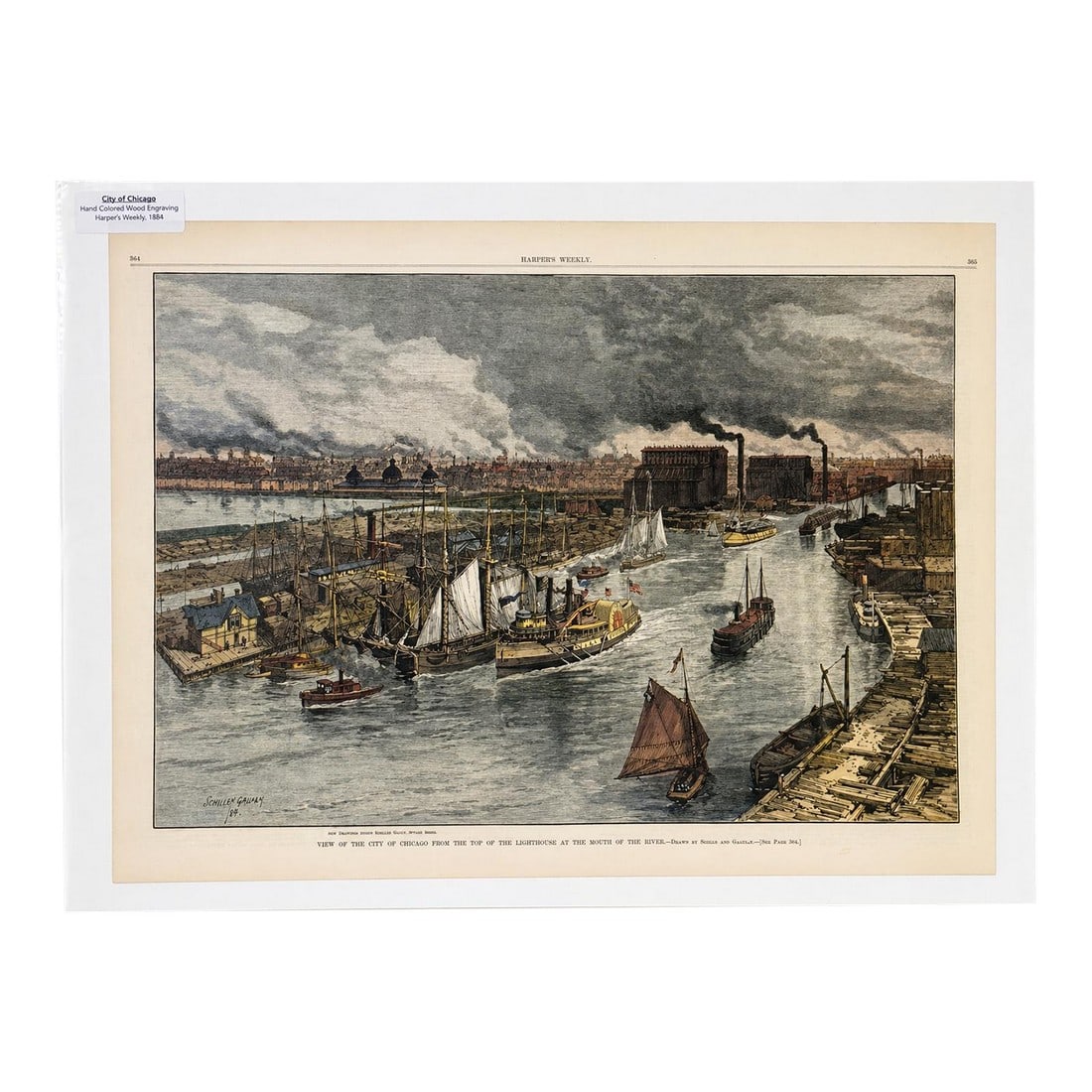 City of Chicago From Lighthouse Top on Lake Michigan, Original Print, 1884: Original hand-colored wood engraving, titled "View of the City of Chicago from the Top of the Lighthouse at the Mouth of the River," was published in Harper's Weekly in 1884. Print depicts a bustling