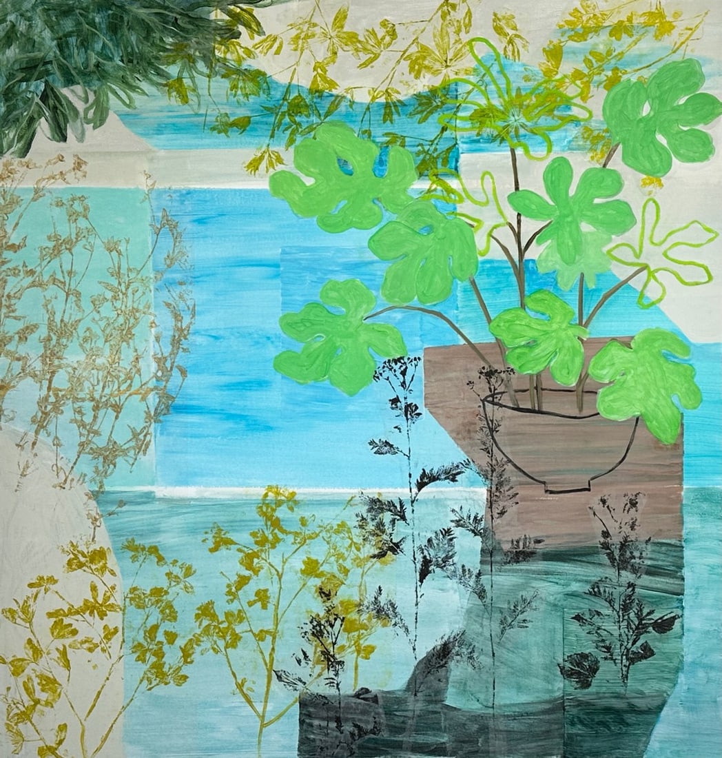 Big Fig Painting by Hunter Hogan: In love with Water and figs, my prints are overlaid on a rich painting of a potted fig. Condition: Imperfections: No Imperfections Dimensions: Height: 56 in. Width: 54 in. Depth: 1.5 in. Category: Col