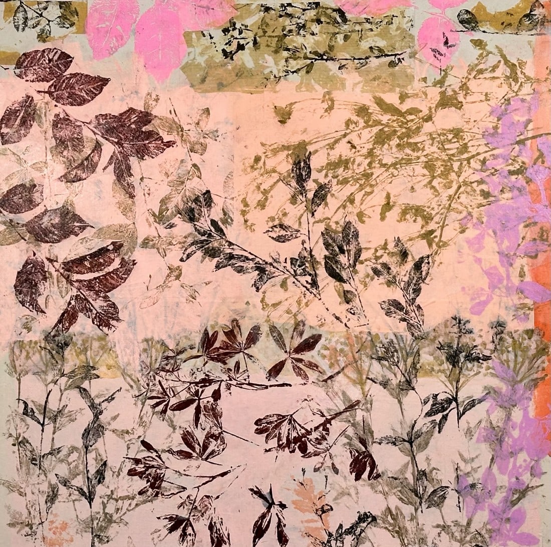 Menage #2 by Hunter Hogan: an abstract , fun construction of paint and my printed plants. It looks great combined with the other paintings in this series. Condition: Imperfections: No Imperfections Dimensions: Height: 36 in. Wi