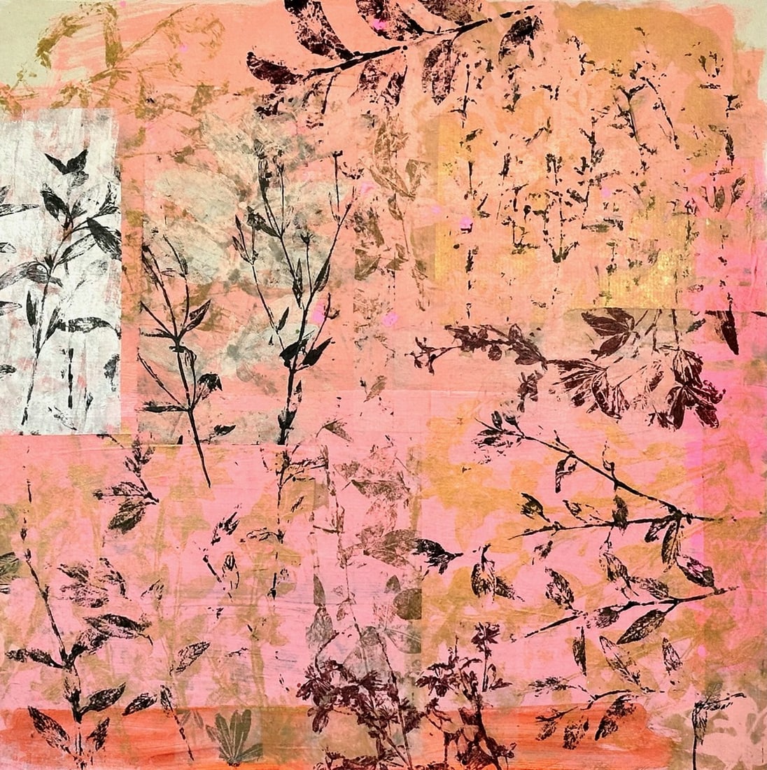 Menage in Pink by Hunter Hogan: My fun printed plants on top of a painted pink background. Looks really great combined with others in this series. Condition: Imperfections: No Imperfections Dimensions: Height: 36 in. Width: 36 in.