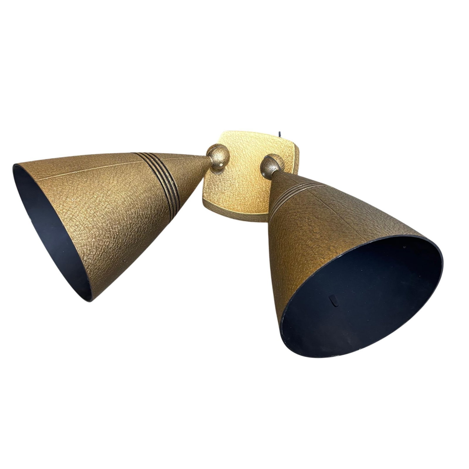 Pair 1960s Stonco Award Series Outdoor Bullet Lights Cast Aluminum Antique Gold Crackle Finish Nos - 11
