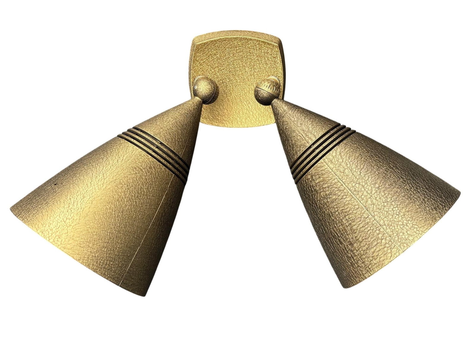 Pair 1960s Stonco Award Series Outdoor Bullet Lights Cast Aluminum Antique Gold Crackle Finish Nos - 8