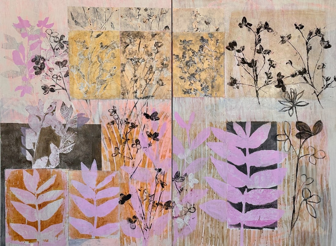 Crimson and Clover, Diptych, on Sale: My prints that I make of local plants are arranged in and abstract garden. Many layers and colors make this a distinct and unusual piece. Condition: Imperfections: No Imperfections Dimensions: