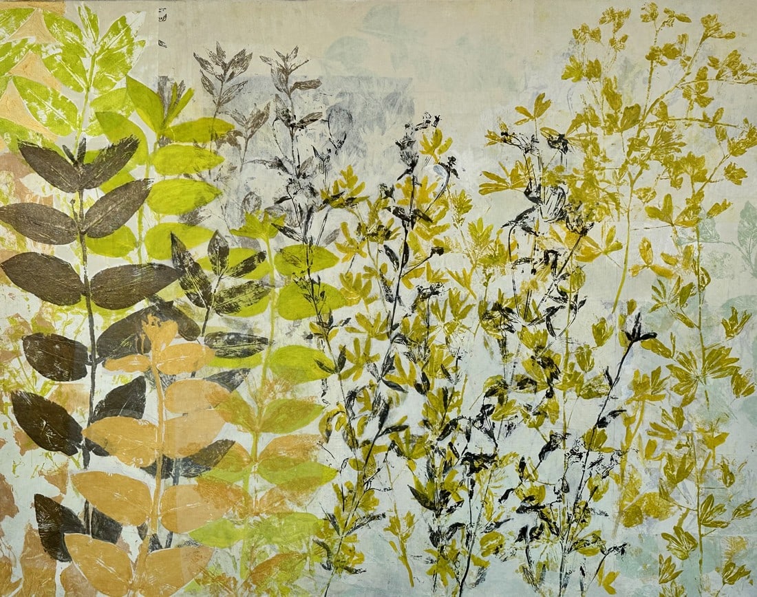 Garden Party by Hunter Hogan: a wonderful melange of my prints, I make these all summer. This piece feels like a celebration of late summer colors with wonderful layering of garden plants. Condition: Imperfections: No