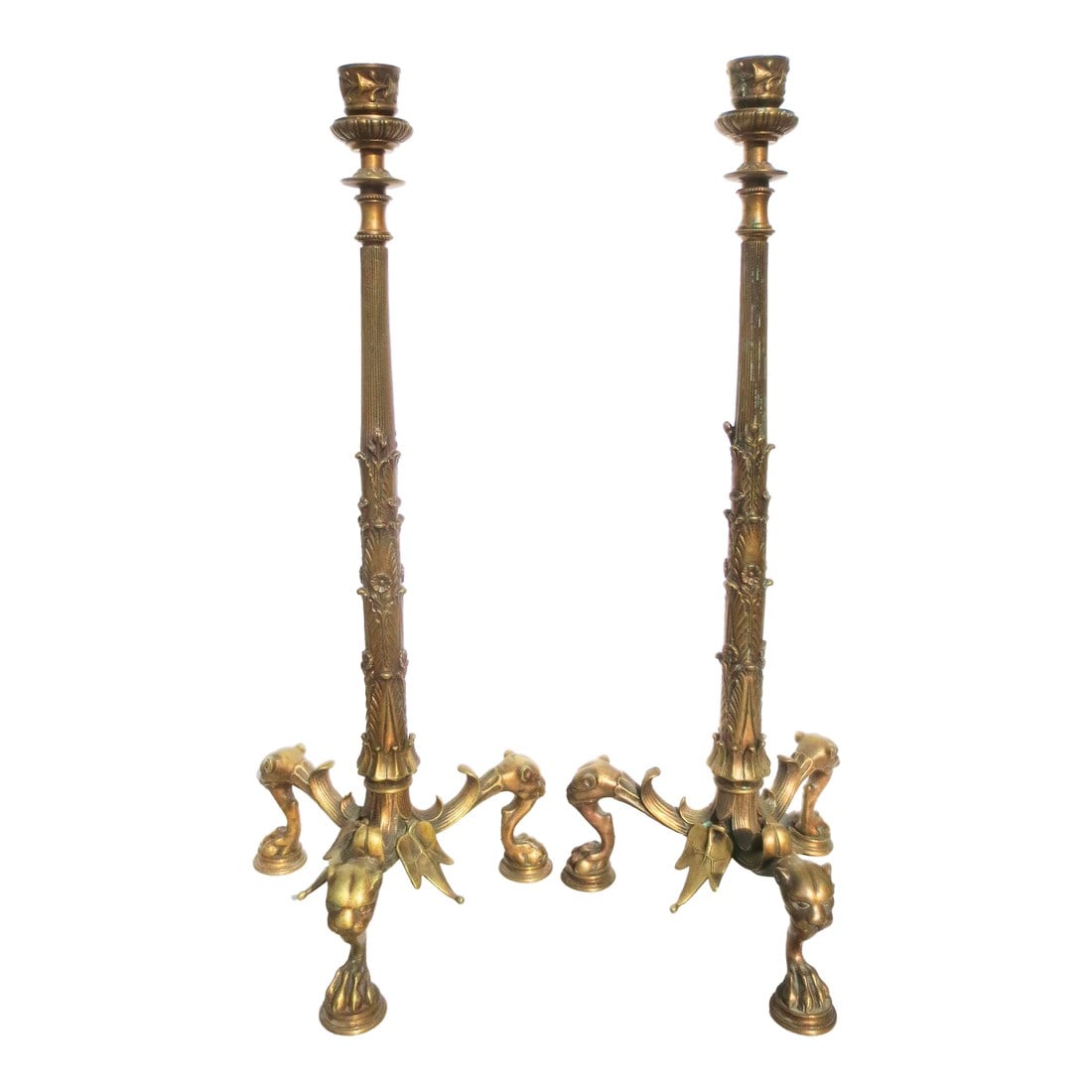 French Empire Neo-Classical Candlesticks - A Pair of 2: French Empire or Neoclassical style candlesticks. zFinely formed with panther heads and reeded stems. Palmettes rise, with sunflowers as spacers. Single cup at the top and standing on three lion paws.