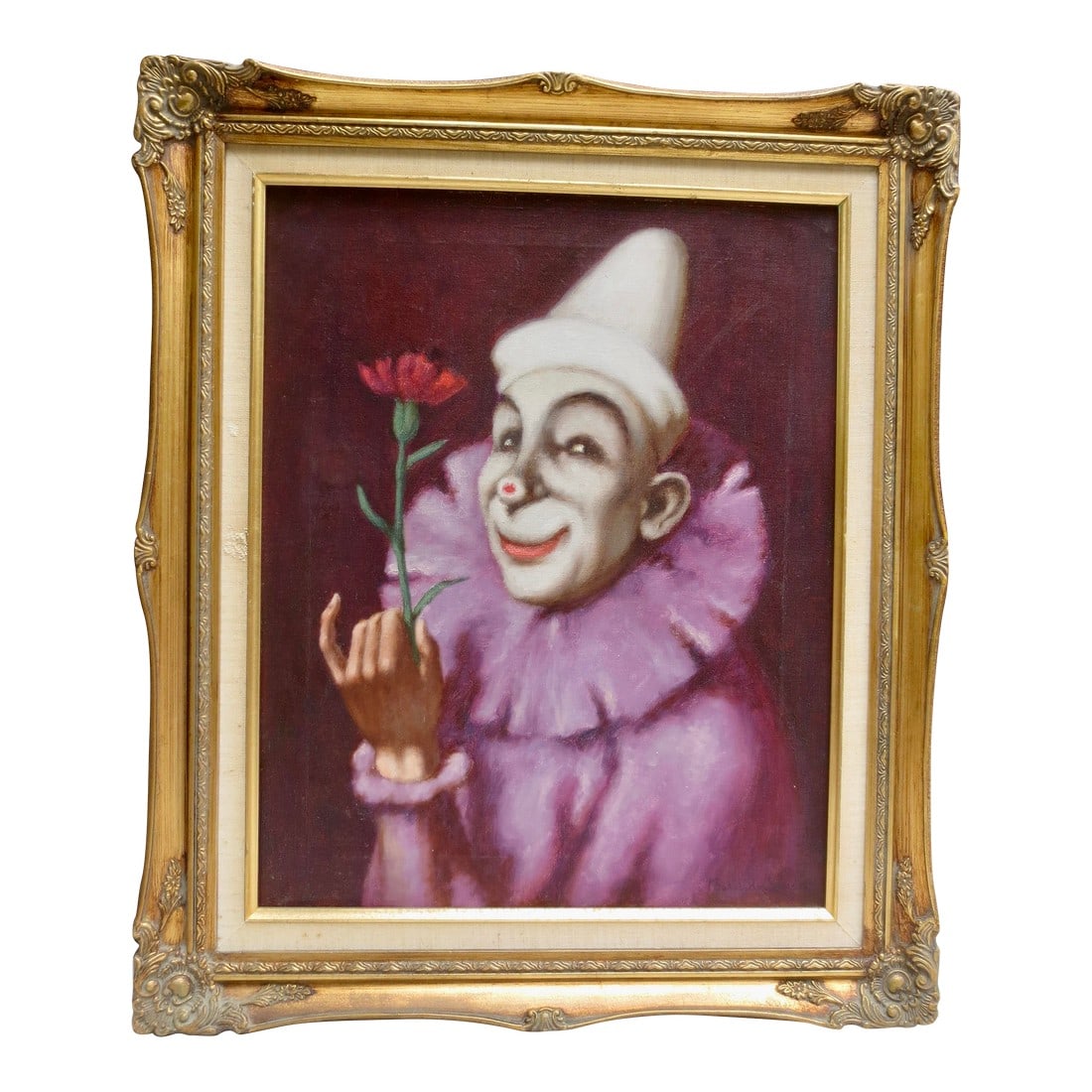 Sandor Basilides Clown With Flower for You Circa 1966: Sandor Basilides (1901- 1980), Hungary. Well-known Hungarian artist with a long career in illustration and figurative art. A lovely and lively clown in lilac arrives to present a single-stem