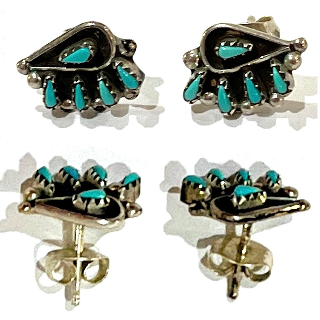 Vintage Zuni Squash Blossom Sterling Silver Turquoise Necklace With Earrings Set - 11