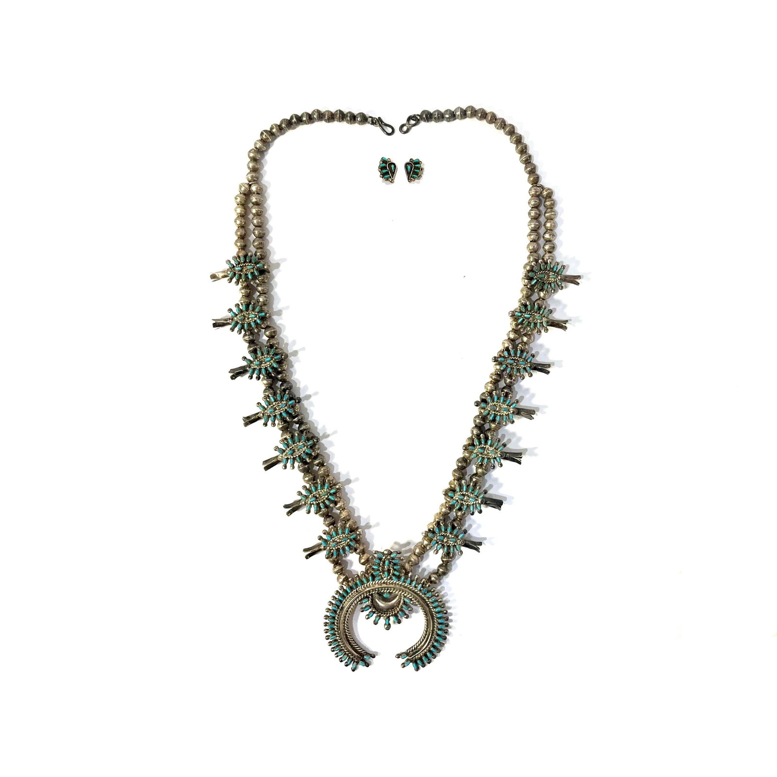 Vintage Zuni Squash Blossom Sterling Silver Turquoise Necklace With Earrings Set - 12
