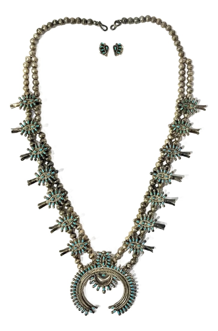 Vintage Zuni Squash Blossom Sterling Silver Turquoise Necklace With Earrings Set: Since the late 19th century Zuni artisans have been crafting "Squash Blossom" necklaces. Their design merges Spanish and Moorish influences. Including blossom elements inspired by pomegranates and