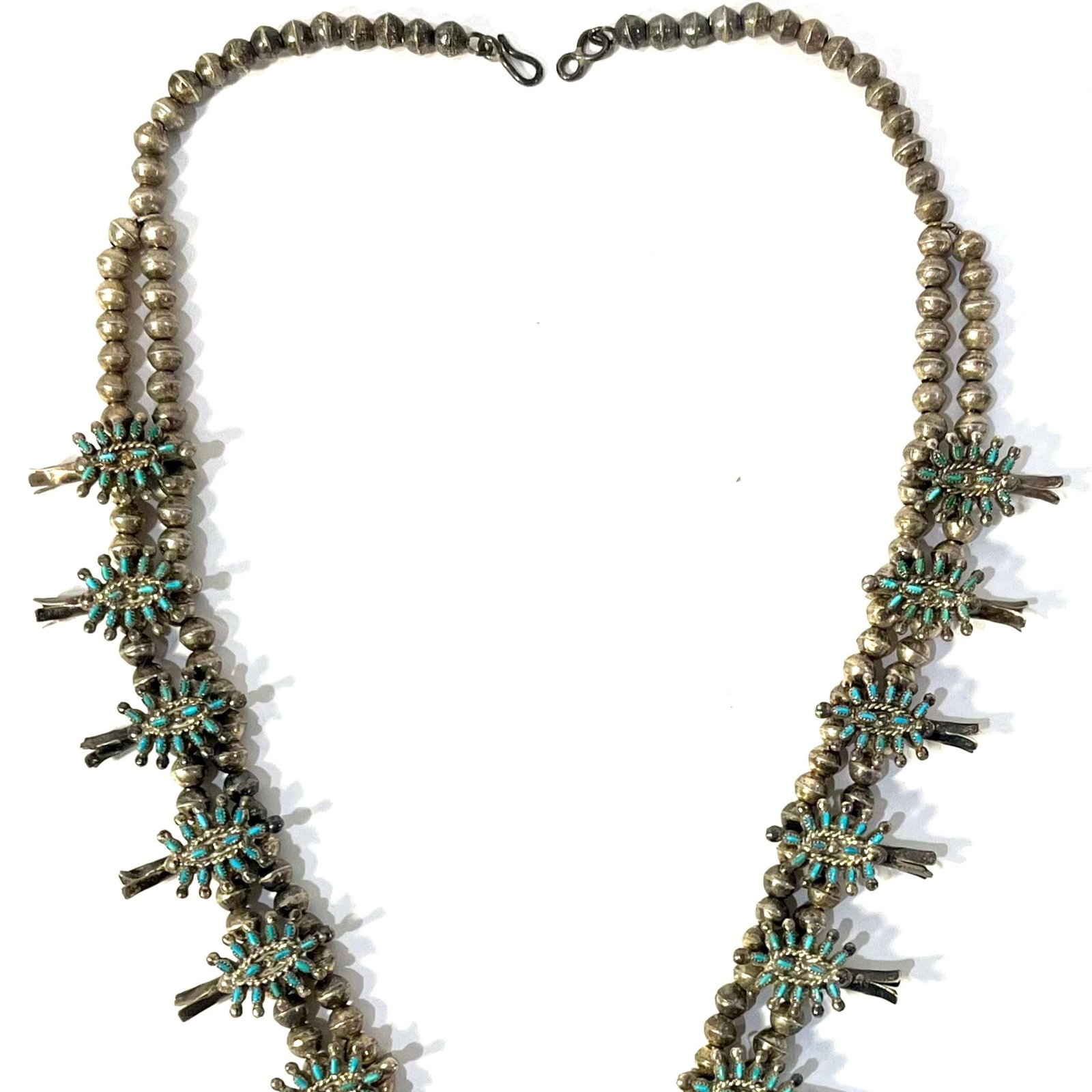 Vintage Zuni Squash Blossom Sterling Silver Turquoise Necklace With Earrings Set - 2