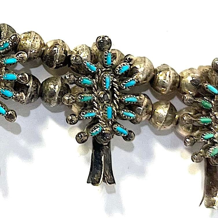Vintage Zuni Squash Blossom Sterling Silver Turquoise Necklace With Earrings Set - 3