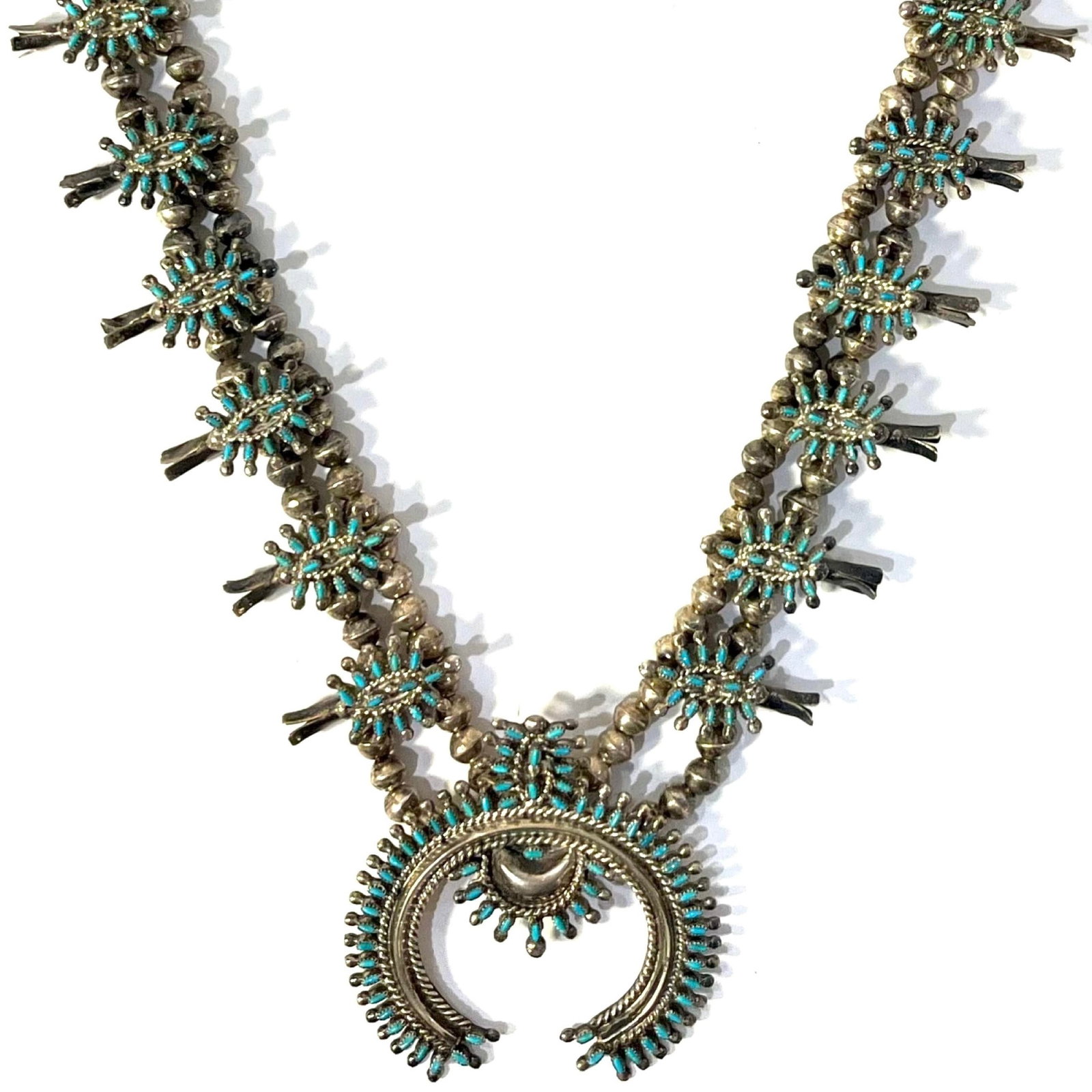 Vintage Zuni Squash Blossom Sterling Silver Turquoise Necklace With Earrings Set - 4