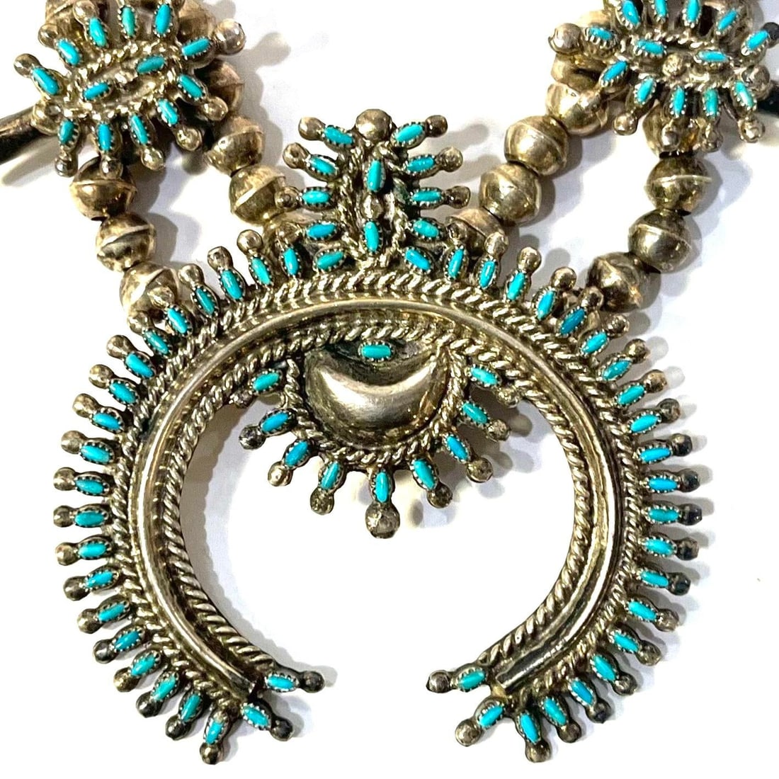 Vintage Zuni Squash Blossom Sterling Silver Turquoise Necklace With Earrings Set - 5