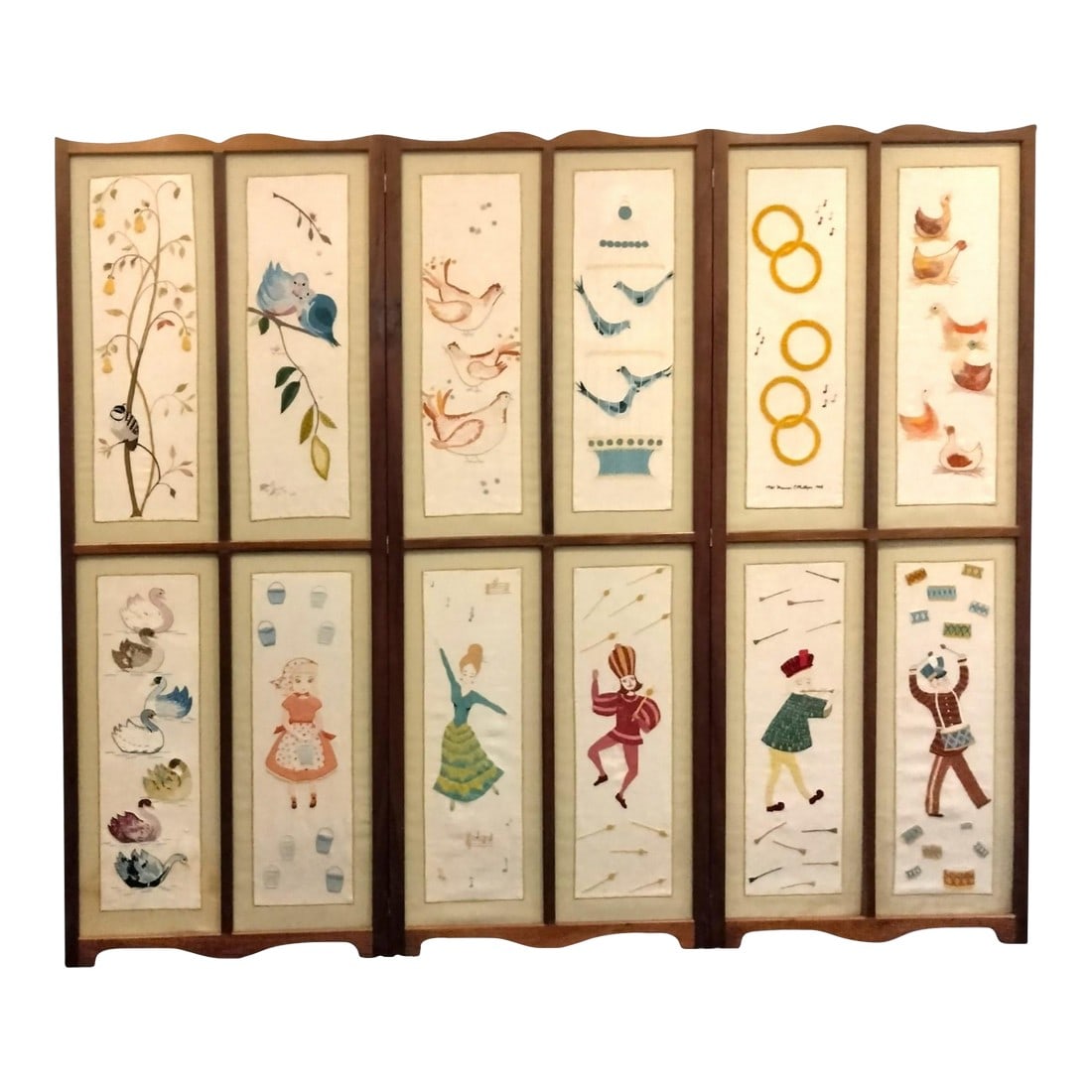 12 Days of Christmas Standing Floor Screen Handcrafted Vintage 1960s: Beautiful original design of the 12 Days of Christmas on individual embroidered panels set into handmade black walnut trifold frame. Each panel depicts a different gift from the Christmas carol from