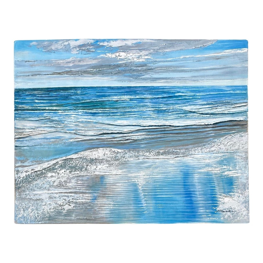 Coastal Seascape Oil Painting by Schrater – Original Ocean Wave Large Landscape on Canvas, 36": A striking original coastal seascape by Schrater, capturing the quiet movement of waves rolling toward shore beneath a layered sky. Painted in luminous blues, soft grays, and sandy neutrals, the compo