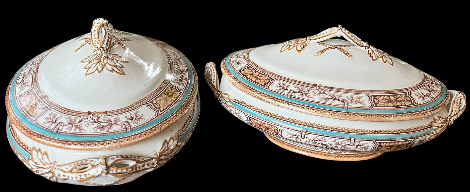 19th Century Edge, Malkin & Co. Staffordishire Hand Painted Turquoise and Brown Porcelain Tureens Wi - 2