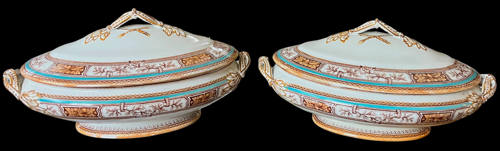 19th Century Edge, Malkin & Co. Staffordishire Hand Painted Turquoise and Brown Porcelain Tureens Wi - 3