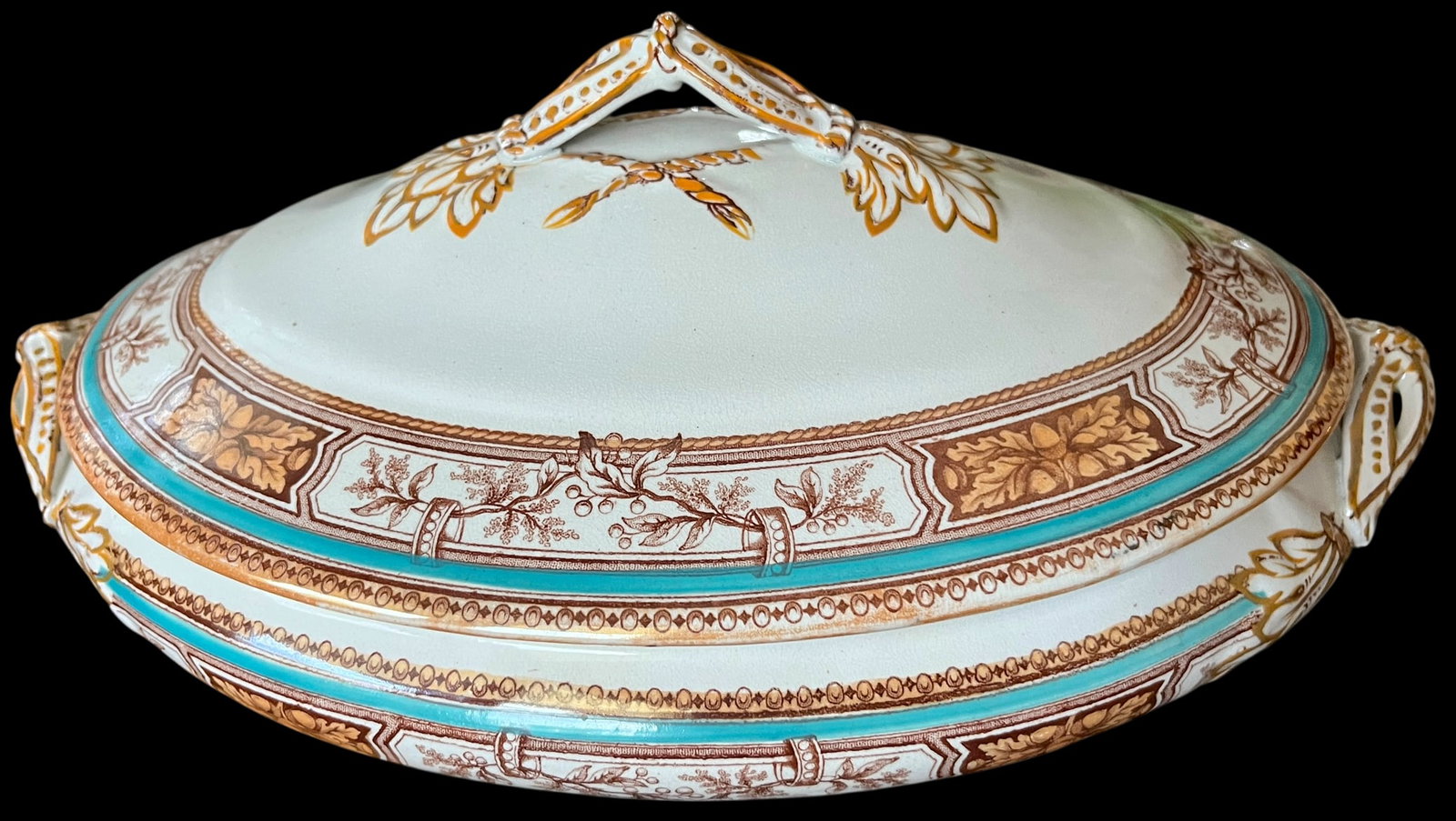 19th Century Edge, Malkin & Co. Staffordishire Hand Painted Turquoise and Brown Porcelain Tureens Wi - 4